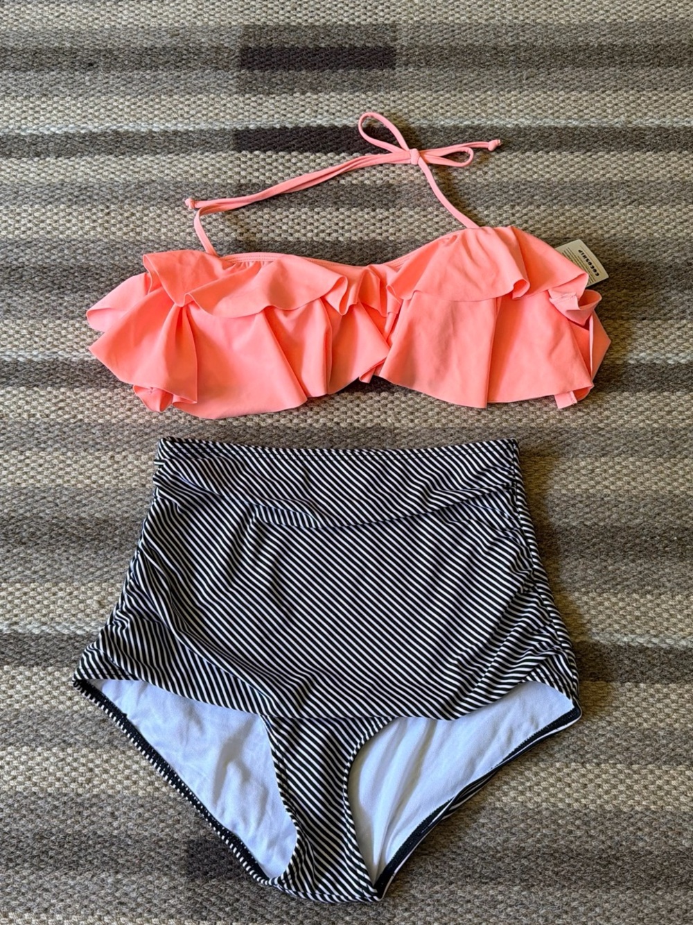 COCOSHIP Pink Ruffle Bikini with Black-and-White Striped High-Waist Bottoms